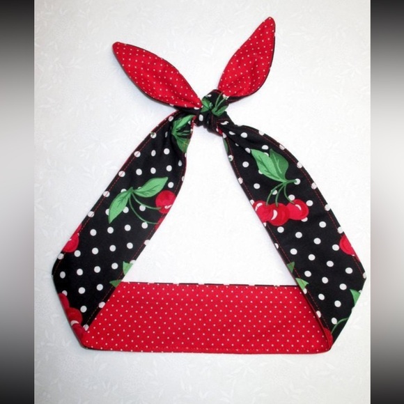 Rockabilly Headband Cherry red black polka dots Pinup Vintage Retro Style - Picture 2 of 2